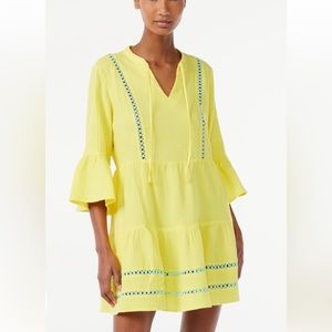 Scoop Mini Dress with 3/4 flutter sleeve and green stitch details-Size Medium